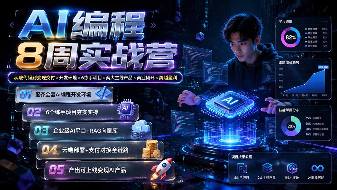 AI编程8周实战营：从敲代码到变现交付×开发环境×6练手项目×两大主线产品×商业闭环×跨越盈利-副业网