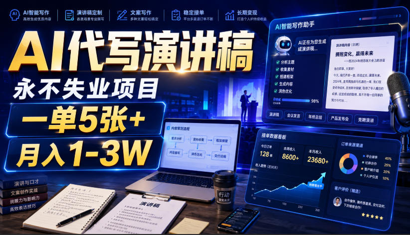AI代写演讲稿，永不失业项目，一单5张+，月入1-3W【揭秘】-副业网