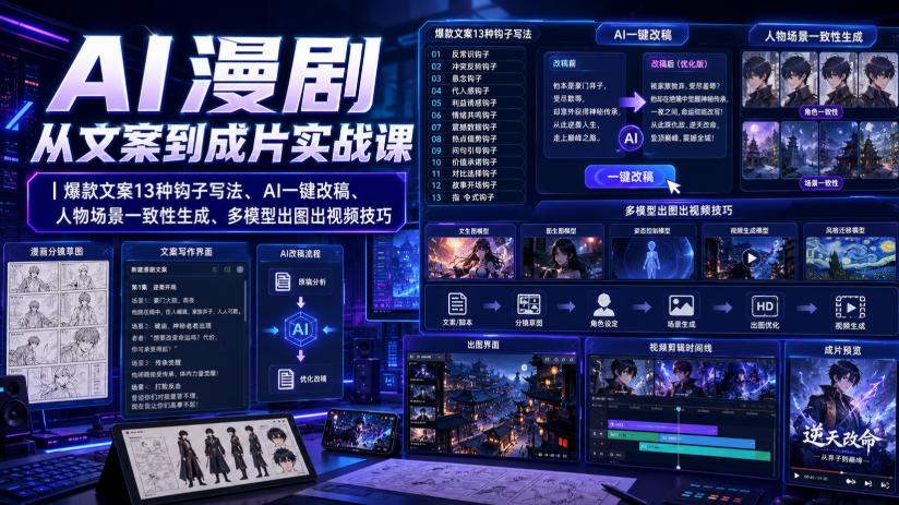 AI漫剧从文案到成片实战课｜爆款文案13种钩子写法、AI一键改稿、人物场景一致性生成、多模型出图出视频技巧-副业网