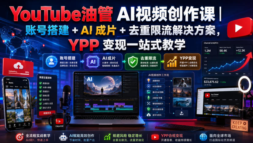 YouTube油管AI视频创作课｜账号搭建+AI成片+去重限流解决方案，YPP变现一站式教学-副业网