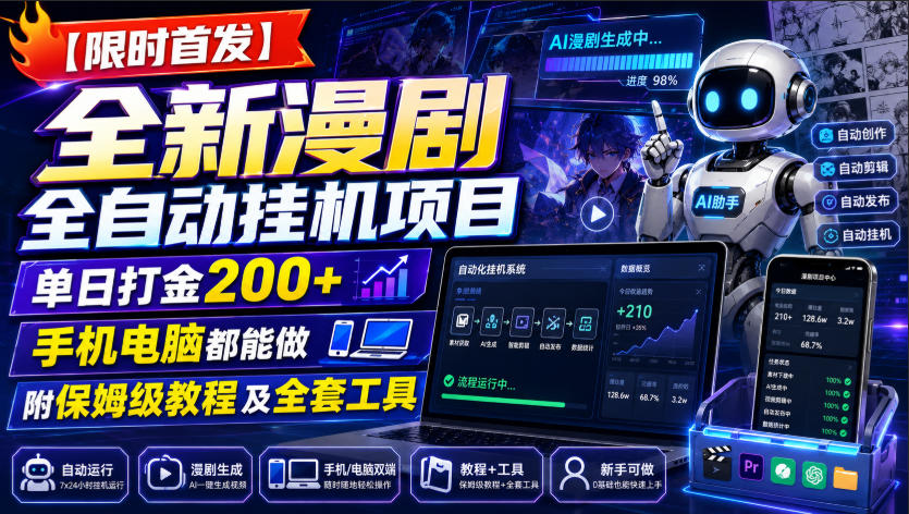 【限时首发】全新漫剧全自动挂G项目，单日打金200+，手机电脑都能做，附保姆级教程及全套工具【揭秘】-副业网