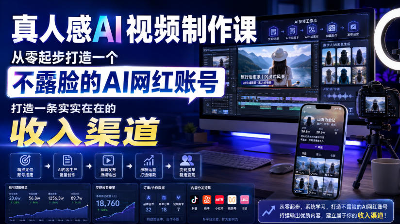 真人感AI视频制作课，从零起步打造一个不露脸的AI网红账号，打造一条实实在在的收入渠道【原创双语字幕】-副业网