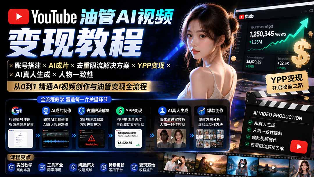 YouTube油管AI视频变现教程：账号搭建×AI成片×去重限流解决方案×YPP变现×AI真人生成×人物一致性-副业网