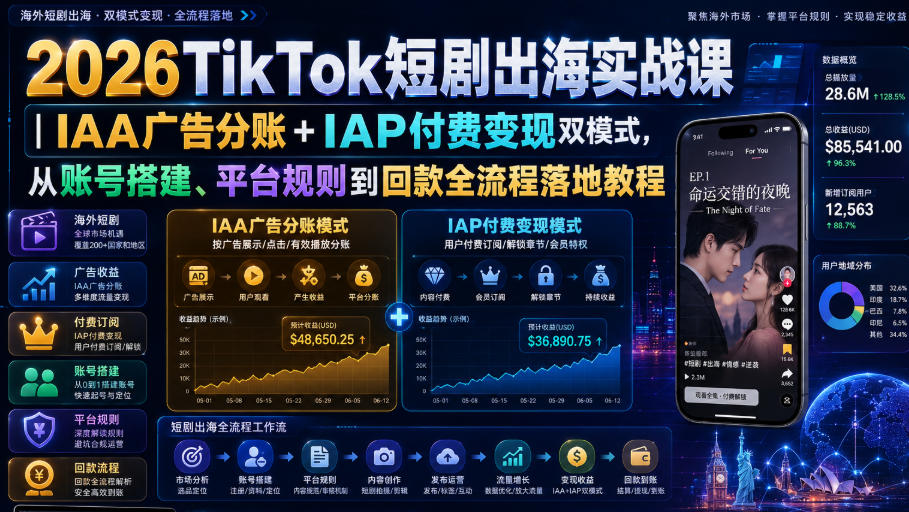 2026TikTok短剧出海实战课｜IAA广告分账+IAP付费变现双模式，从账号搭建、平台规则到回款全流程落地教程-副业网