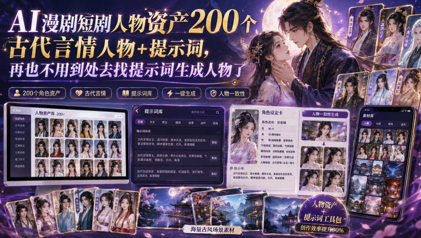 AI漫剧短剧人物资产200个古代言情人物+提示词，再也不用到处去找提示词生成人物了-副业网