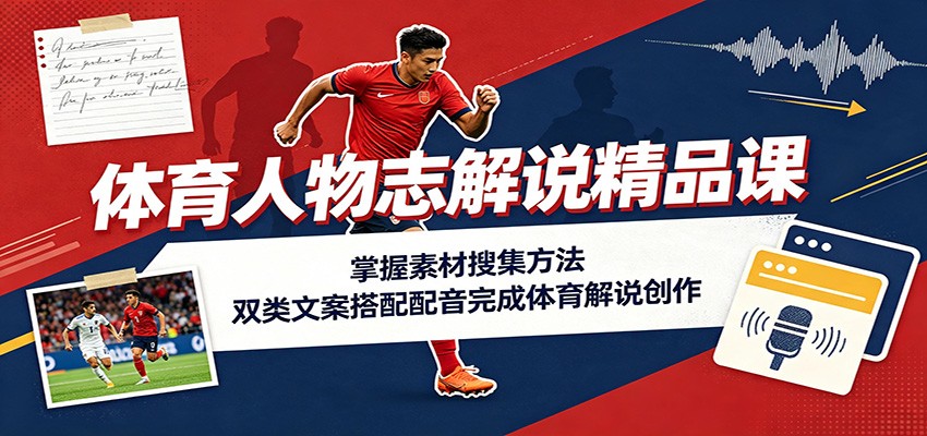 体育人物志解说精品课：掌握素材搜集方法，双类文案搭配配音完成体育解说创作-副业网