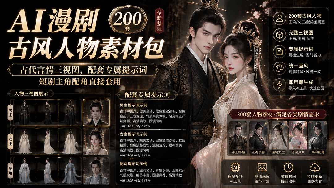 AI漫剧古风人物素材包+提示词｜200 套古代言情三视图，配套专属提示词短剧主角配角直接套用-副业网