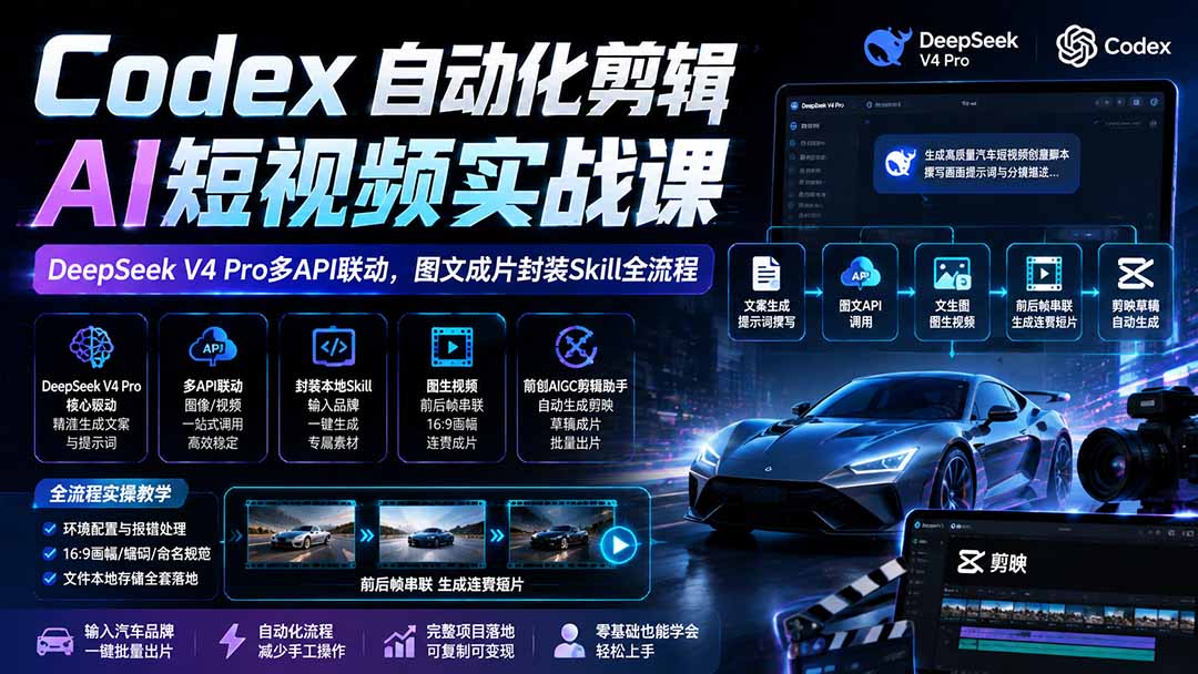 图片[2]-Codex自动化剪辑AI短视频实战课｜DeepSeek V4 Pro多API联动，图文成片封装Skill全流程-副业网
