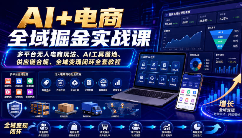 AI+电商全域掘金实战课｜多平台无人电商玩法、AI工具落地、供应链合规、全域变现闭环全套教程-副业网