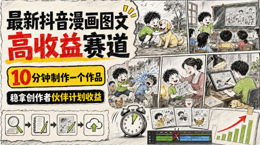 最新抖音漫画图文高收益赛道，10分钟制作一个作品，稳拿创作者伙伴计划收益-副业网