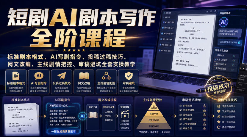 短剧AI剧本写作全阶课程｜标准剧本格式、AI写剧指令、投稿过稿技巧、网文改编、主线剧情把控、审稿避坑全套实操教学-副业网