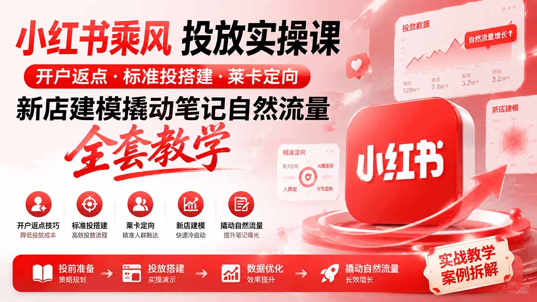 小红书乘风投放-100分钟实操课｜开户返点·标准投搭建·莱卡定向，新店建模撬动笔记自然流量全套教学-副业网