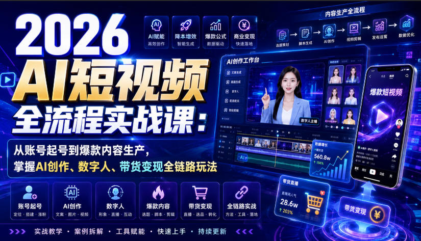 2026 AI短视频全流程实战课：从账号起号到爆款内容生产，掌握AI创作、数字人、带货变现全链路玩法-副业网
