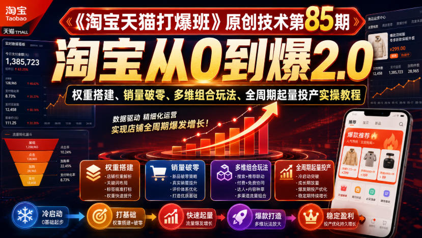 《淘宝天猫打爆班》原创技术第85期，淘宝从0到爆2.0，权重搭建、销量破零、多维组合玩法、全周期起量投产实操教程-副业网