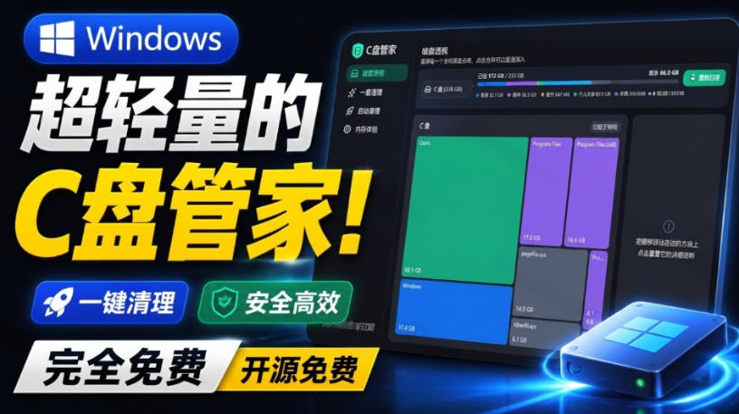 Windows超轻量的C盘管家！超级有特点，支持磁盘分析及清理提醒，2M大小体积，完全免费C盘管家-副业网