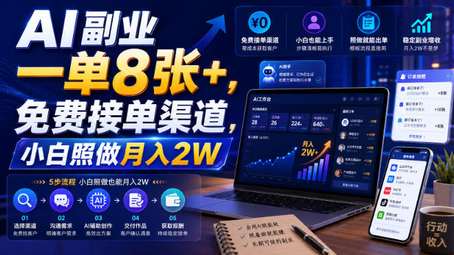 AI副业一单8张+，免费接单渠道，小白照做月入2W【揭秘】-副业网