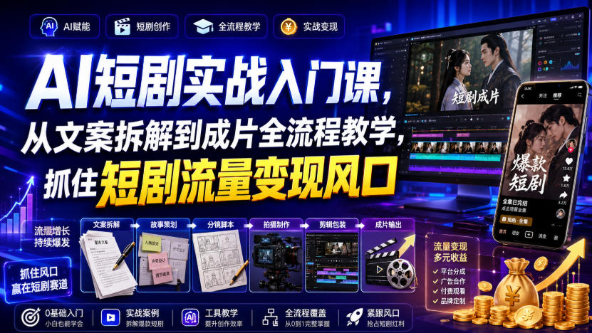 AI短剧实战入门课，从文案拆解到成片全流程教学，抓住短剧流量变现风口-副业网