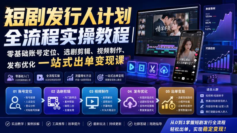 短剧发行人计划全流程实操教程｜零基础账号定位、选剧剪辑、视频制作、发布优化一站式出单变现课​-副业网