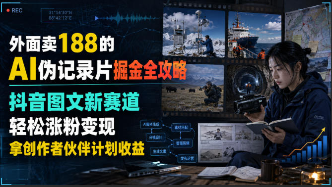 外面卖188的AI伪记录片掘金全攻略，抖音图文新赛道，轻松涨粉变现，拿创作者伙伴计划收益【文档】-副业网