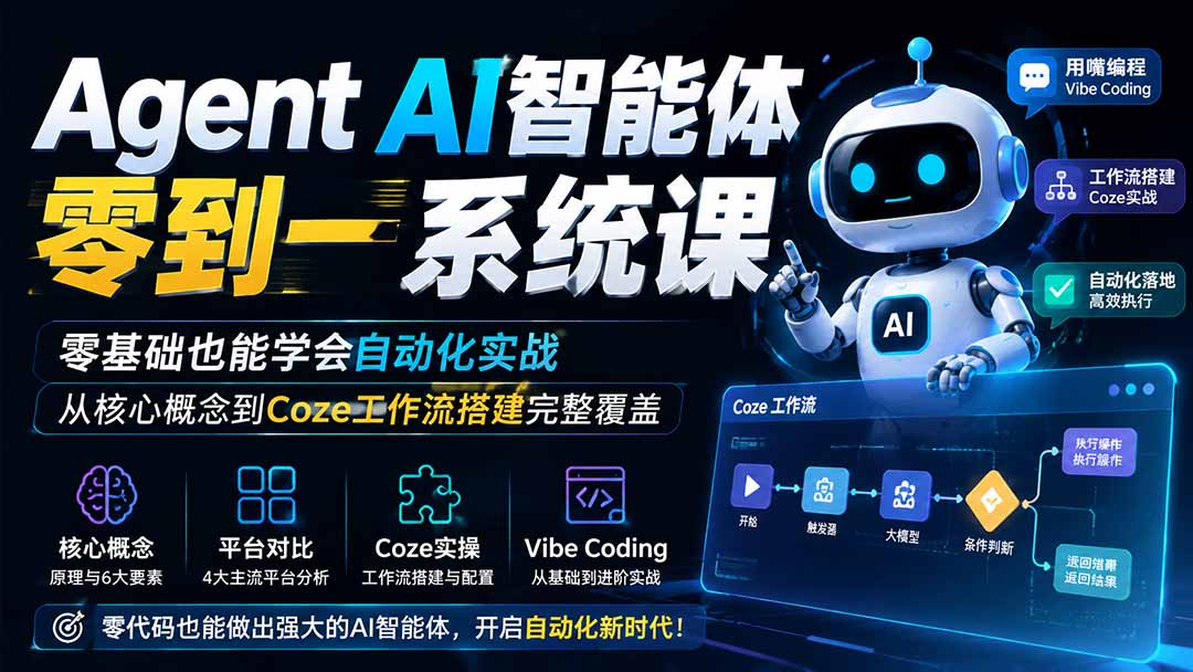 Agent AI智能体零到一系统课；零基础也能学会自动化实战，从核心概念到Coze工作流搭建完整覆盖-副业网