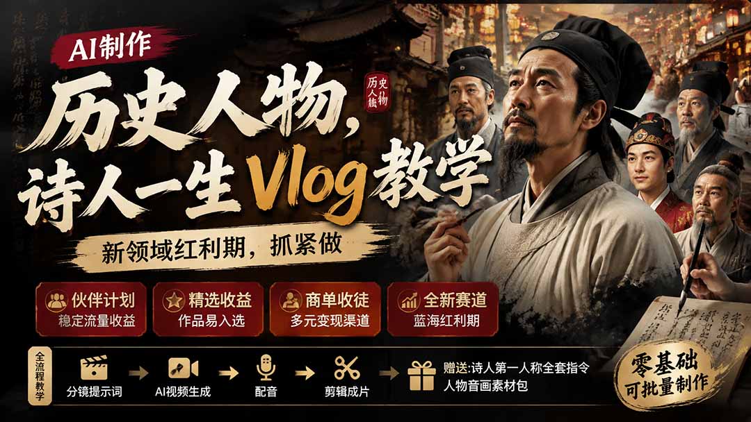 历史人物，诗人一生Vlog教学， AI制作丨伙伴计划丨精选收益丨商单收徒 ，新领域红利期，抓紧做-副业网
