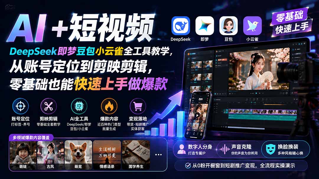AI+短视频｜DeepSeek即梦豆包小云雀全工具教学，从账号定位到剪映剪辑，零基础也能快速上手做爆款-副业网