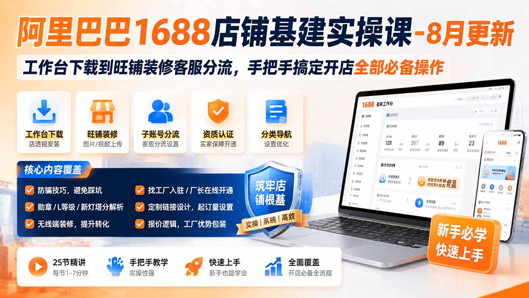 阿里巴巴1688店铺基建实操课-8月更新；工作台下载到旺铺装修客服分流，手把手搞定开店全部必备操作-副业网