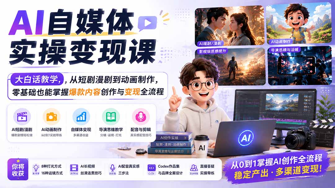 AI自媒体实操变现课|大白话教学,从短剧漫剧到动画制作,零基础也能掌握爆款内容创作与变现全流程-副业网