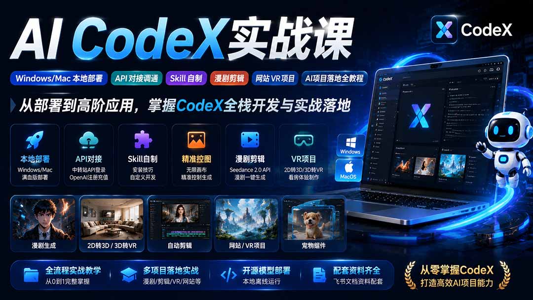 图片[2]-AI  CodeX实战课｜Windows/Mac 本地部署｜API 对接调通｜Skill 自制｜漫剧剪辑｜网站 VR 项目｜AI项目落地全教程-副业网