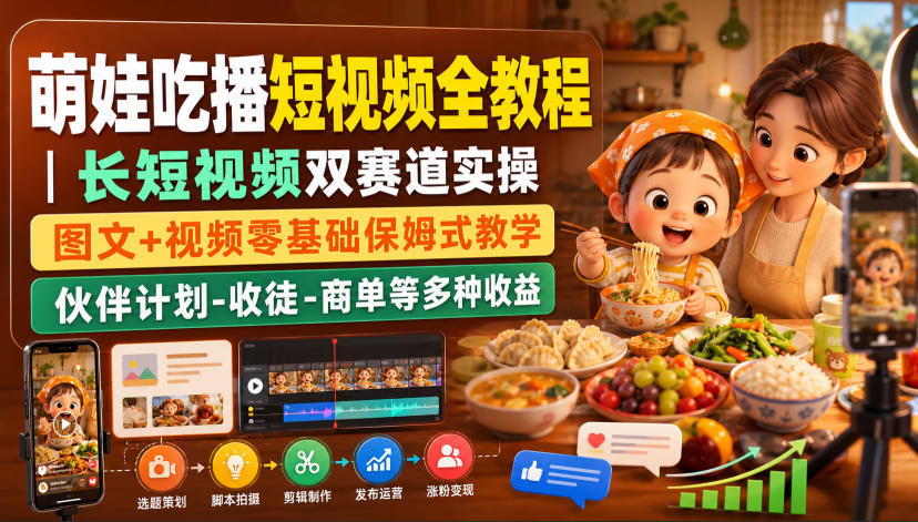 萌娃吃播短视频全教程｜长短视频双赛道实操，图文+视频零基础保姆式教学，伙伴计划-收徒-商单等多种变现方式-副业网