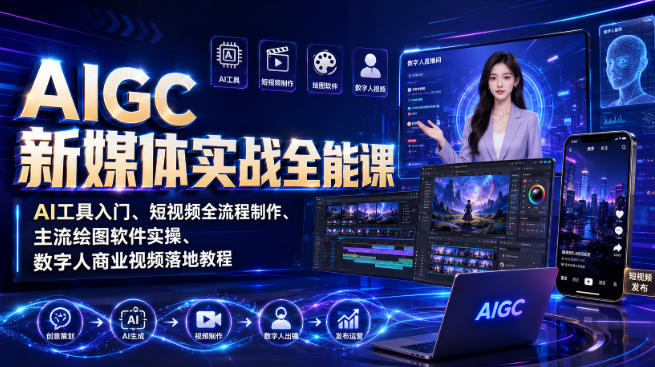 AIGC新媒体实战全能课｜AI工具入门、短视频全流程制作、主流绘图软件实操、数字人商业视频落地教程-副业网