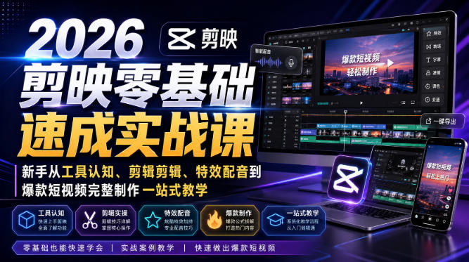 2026剪映零基础速成实战课｜新手从工具认知、剪辑剪辑、特效配音到爆款短视频完整制作一站式教学-副业网