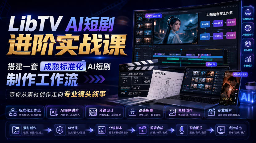 LibTV AI短剧进阶实战课，搭建一套成熟标准化AI短剧制作工作流，带你从素材创作走向专业镜头叙事-副业网