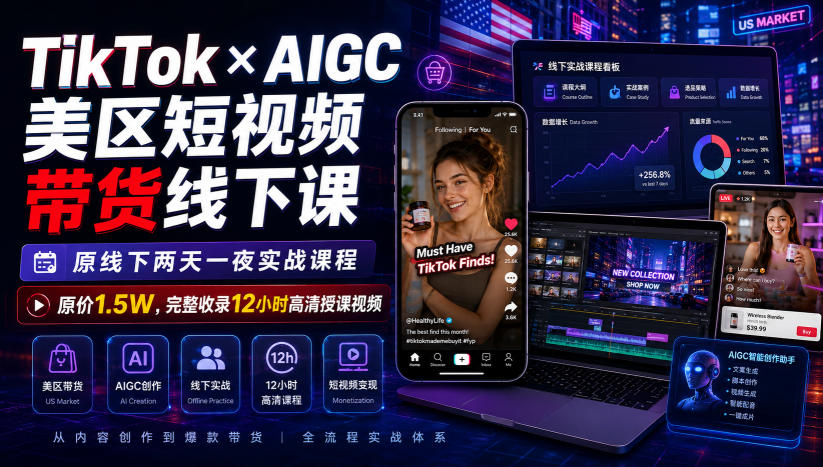 TikTok×AIGC美区短视频带货线下课，原线下两天一夜实战课程，原价1.5W，完整收录12小时高清授课视频-副业网