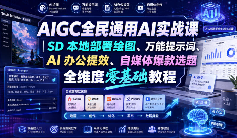 AIGC全民通用AI实战课｜SD本地部署绘图、万能提示词、AI办公提效、自媒体爆款选题全维度零基础教程-副业网