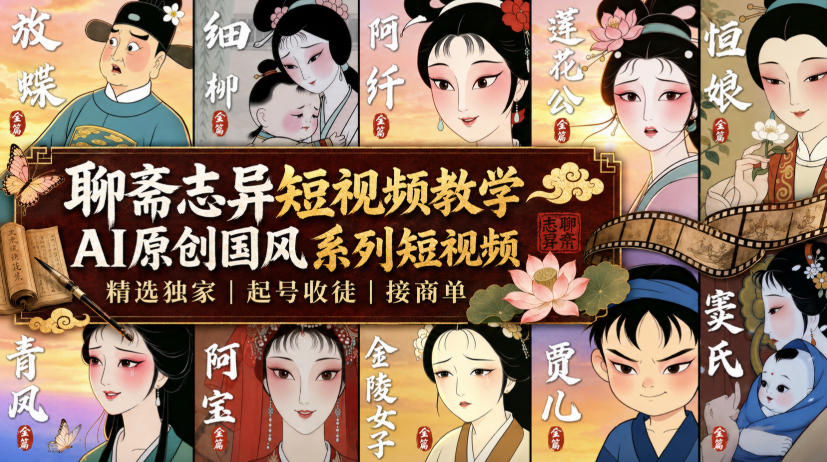 聊斋志异短视频教学，AI原创国风系列短视频，精选独家丨起号收徒丨接商单-副业网