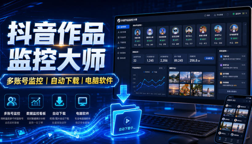 抖音作品监控大师，多账号监控丨自动下载丨电脑软件-副业网
