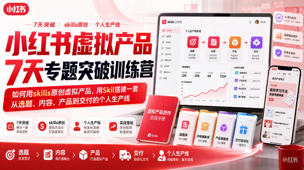 小红书虚拟产品7天专题突破训练营，如何用skills原创虚拟产品，用Skil搭建一套从选题、内容、产品到交付的个人生产线-副业网