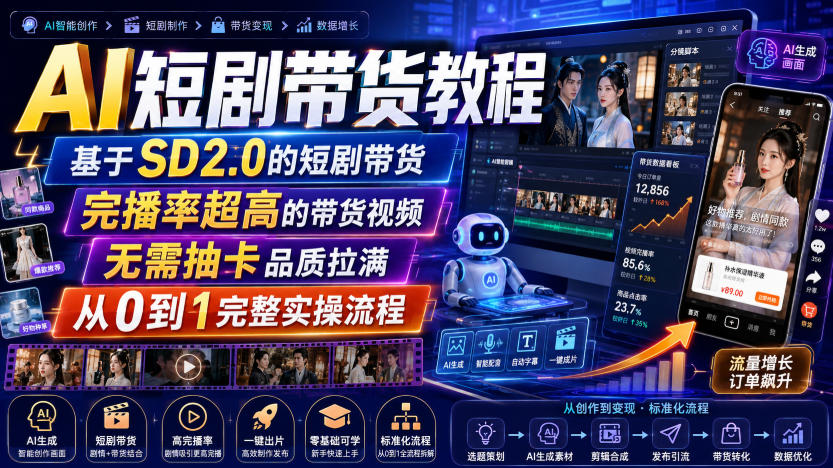AI短剧带货教程，基于SD2.0的短剧带货，完播率超高的带货视频，无需抽卡品质拉满，从0到1完整实操流程-副业网