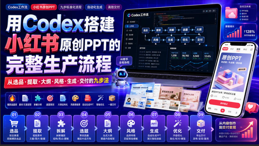 用Codex搭建小红书原创PPT的完整生产流程，从选品·提取·大纲·风格·生成·交付的九步法-副业网