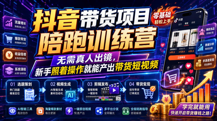 抖音带货项目陪跑训练营，无需真人出镜，新手照着操作就能产出带货短视频(更新0811)-副业网