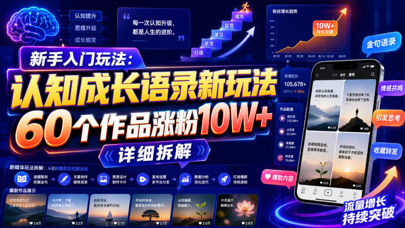 新手入门玩法：认知成长语录新玩法，60个作品涨粉10W+，详细拆解-副业网