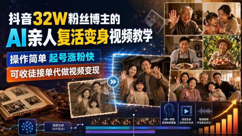 抖音32W粉丝博主的AI亲人复活变身视频教学，操作简单，起号涨粉快，可收徒接单代做视频变现-副业网