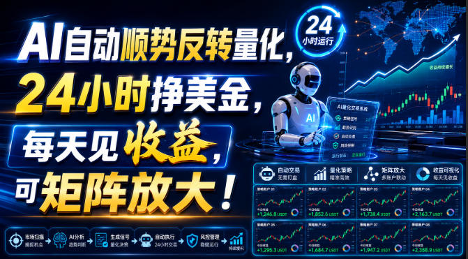 AI自动顺势反转量化,24小时挣美金,每天见收益,可矩阵放大!【揭秘】-副业网