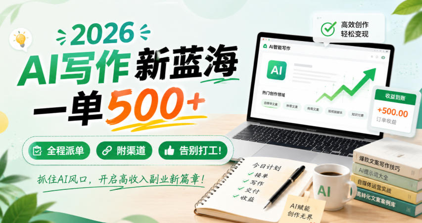 2026 AI写作新蓝海,一单500+,全程派单,附渠道,告别打工!【揭秘】-副业网