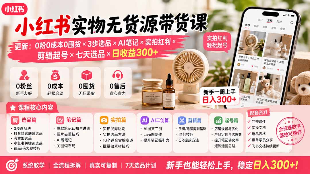 图片[2]-小红书实物无货源带货课-更新：0粉0成本0囤货×3步选品×AI笔记×实拍红利×剪辑起号×七天选品×日收益300+-副业网
