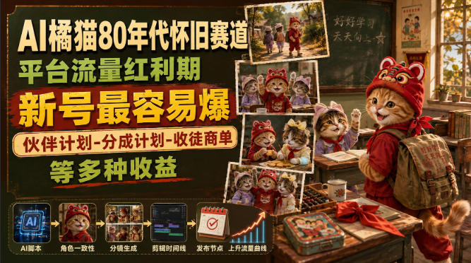 AI橘猫80年代怀旧赛道，平台流量红利期，新号最容易爆，伙伴计划-分成计划-收徒商单等多种收益-副业网