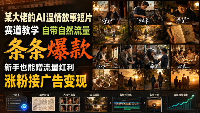某大佬的AI温情故事短片赛道教学，自带自然流量，条条爆款，新手也能蹭流量红利，涨粉接广告变现-副业网