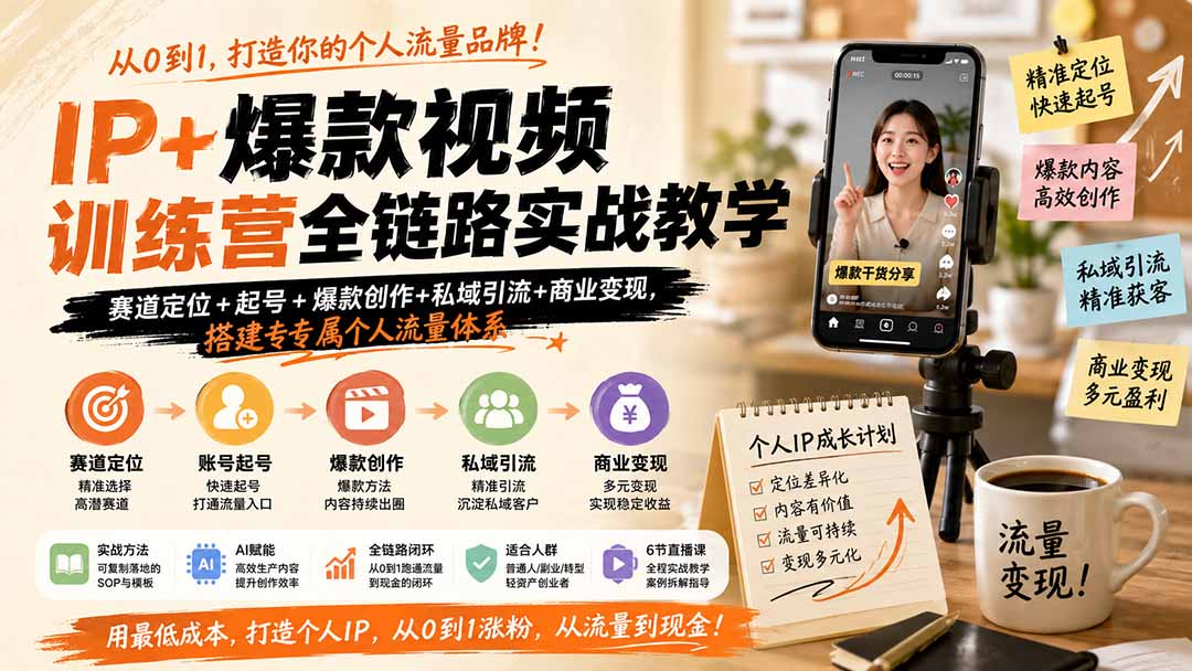 IP+爆款视频训练营全链路实战教学；赛道定位+起号+爆款创作+私域引流+商业变现，搭建专属个人流量体系-副业网