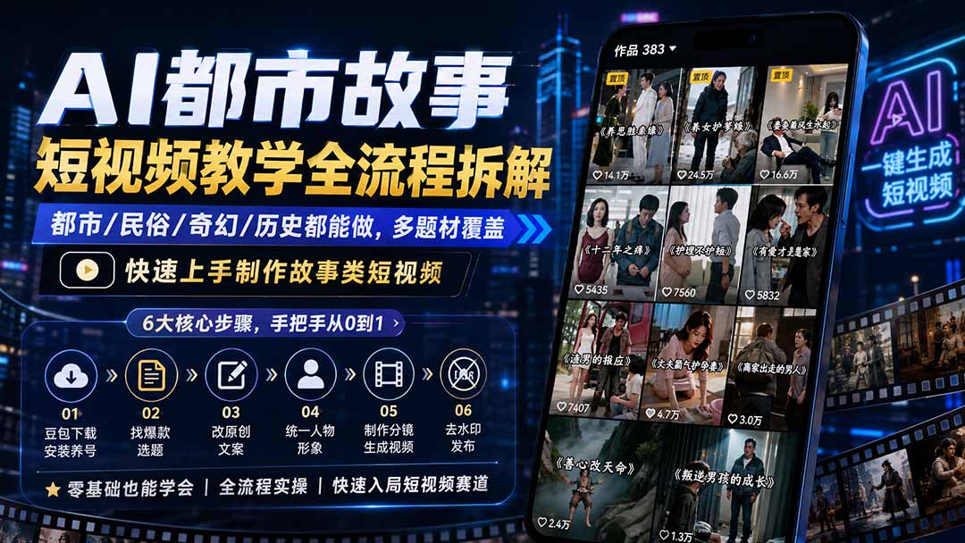 AI都市故事短视频教学全流程拆解；都市/民俗/奇幻/历史都能做多题材覆盖，快速上手制作故事类短视频-副业网